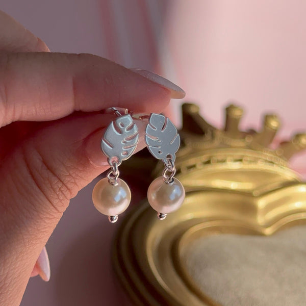 Aros Hoja Monstera con Perla