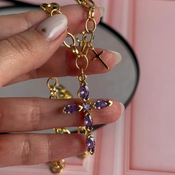 Collar Cruz Cristales Lila