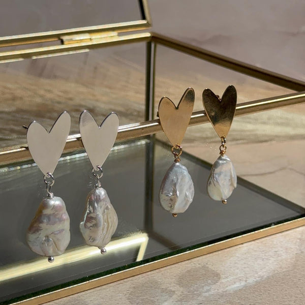Aros Corazón con Perla de Río