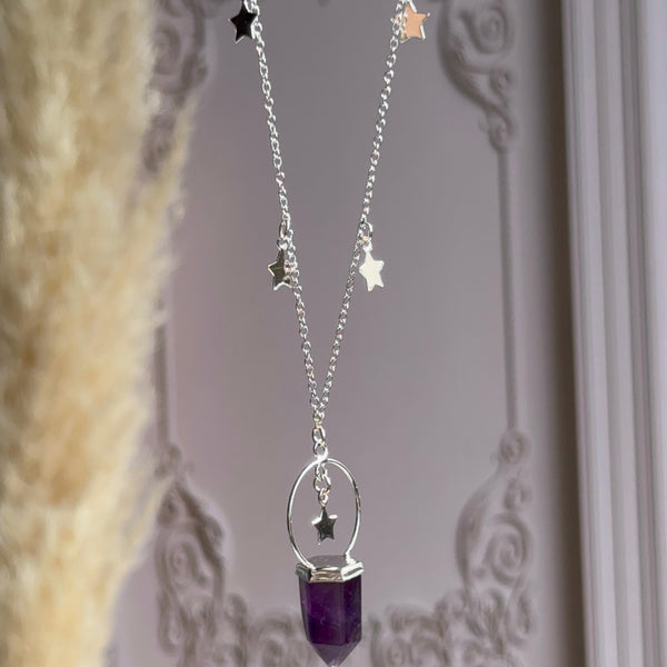 Collar Cuarzo Amatista y Estrellas Plata 925