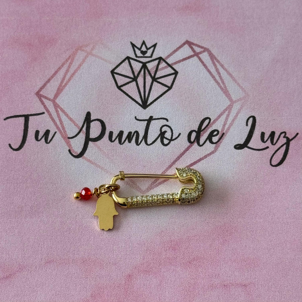 Prendedor Mano de Fátima y Cristal Rojo Baño de oro