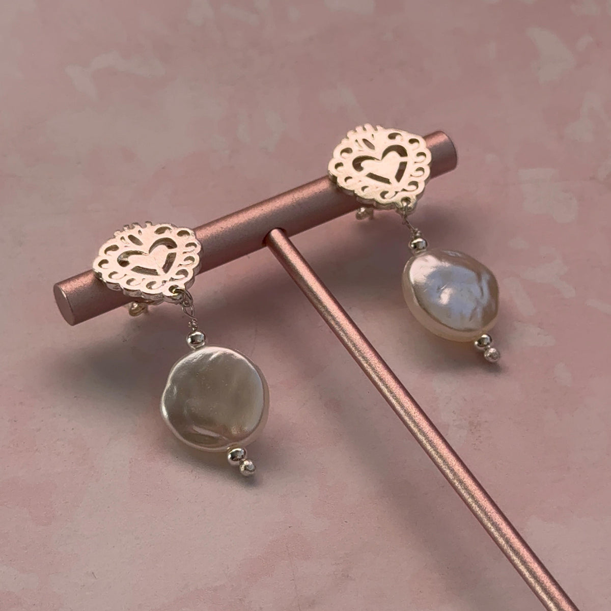 Aros Detente Corazón y Perlas Imitación