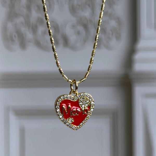 Collar Mamá Corazón Esmaltado Rojo