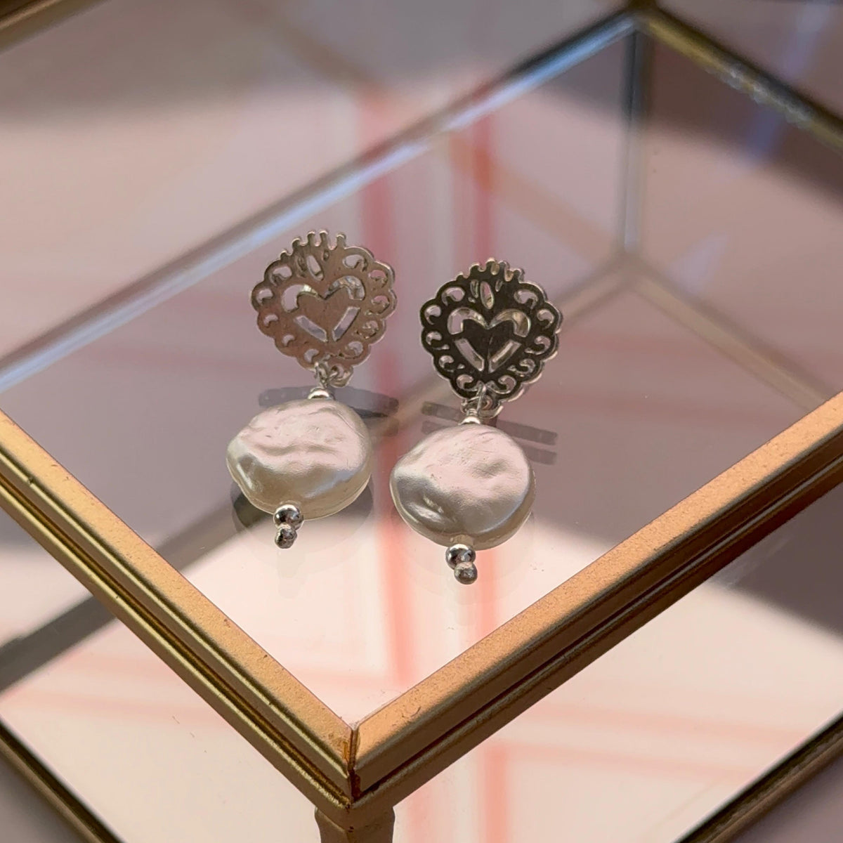 Aros Detente Corazón y Perlas Imitación
