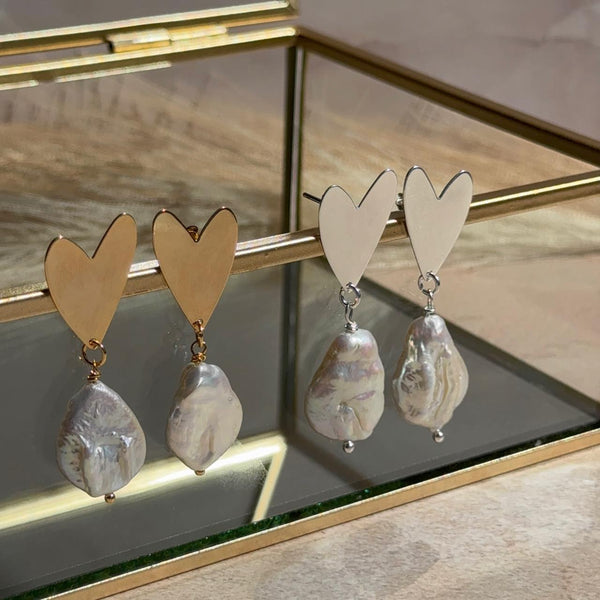 Aros Corazón con Perla de Río