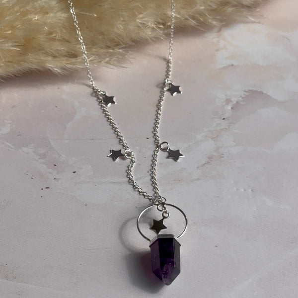Collar Cuarzo Amatista y Estrellas Plata 925