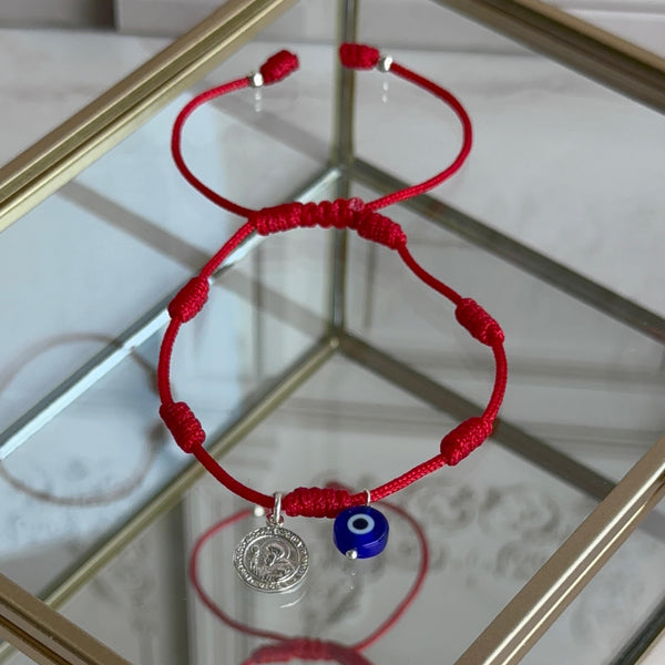 Pulsera Roja 7 Nudos con Ojo Turco y San Benito