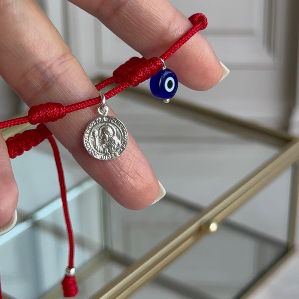 Pulsera Roja 7 Nudos con Ojo Turco y San Benito