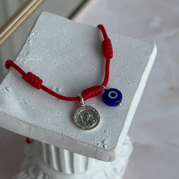 Pulsera Roja 7 Nudos con Ojo Turco y San Benito