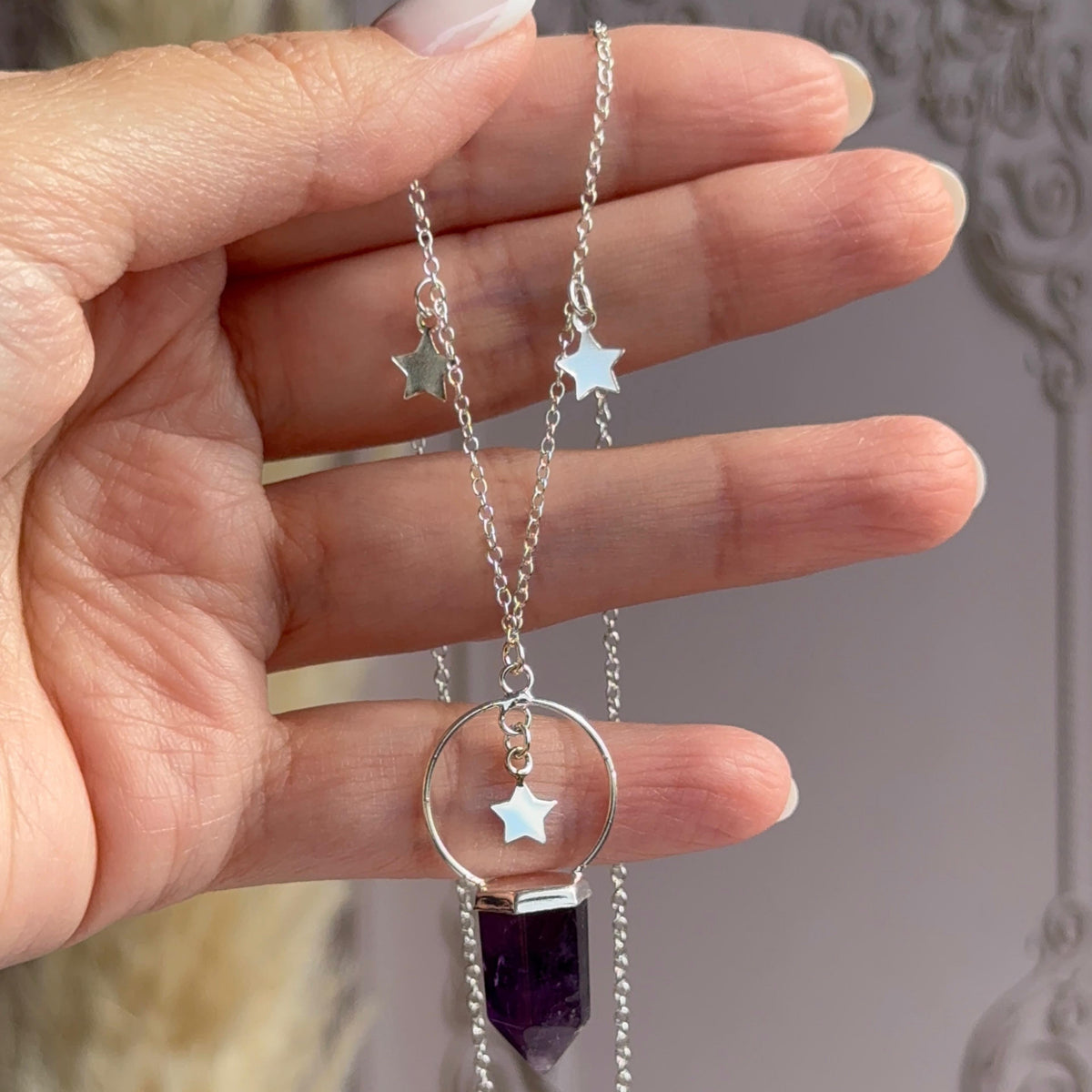 Collar Cuarzo Amatista y Estrellas Plata 925