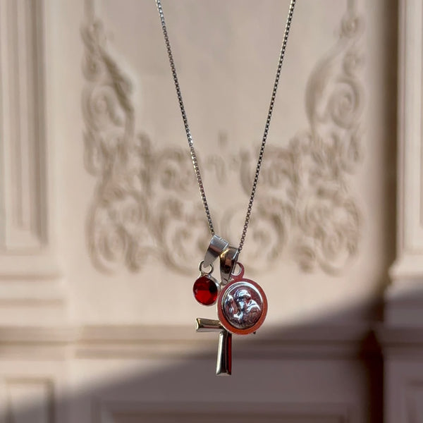 Collar San Benito, Cruz y Cristal Rojo