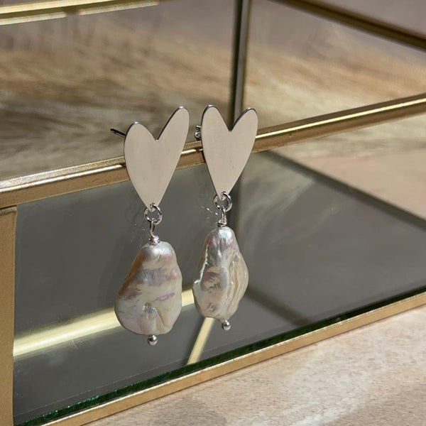 Aros Corazón con Perla de Río