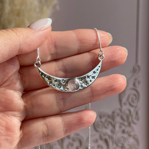 Collar media Luna y estrellas con cuarzo rosa Plata 925
