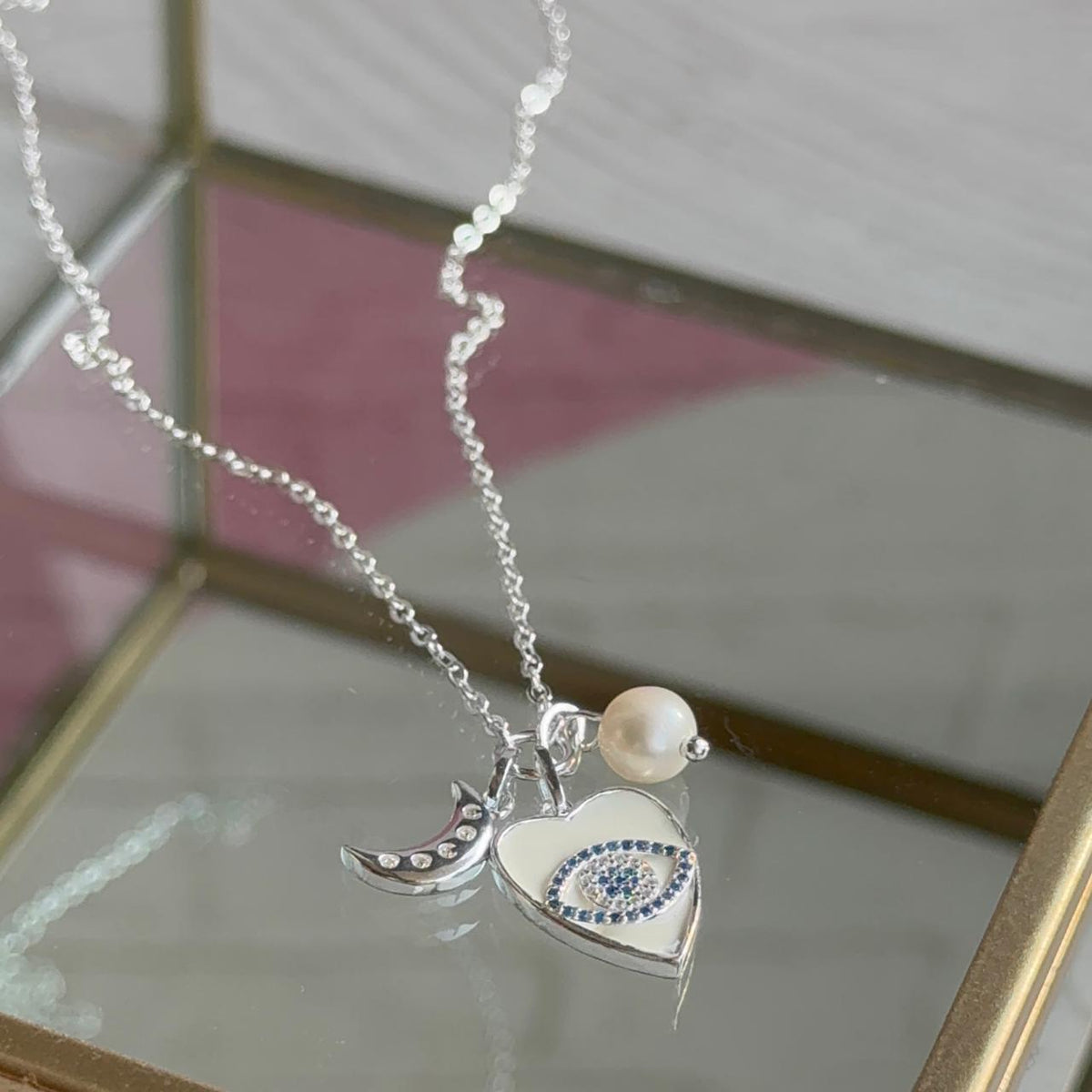 Collar Ojo Turco Esmaltado, Luna y Perla