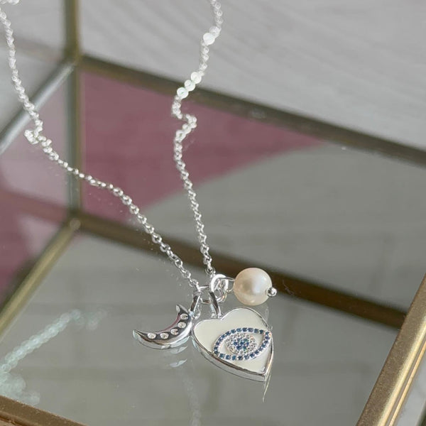 Collar Ojo Turco Esmaltado, Luna y Perla