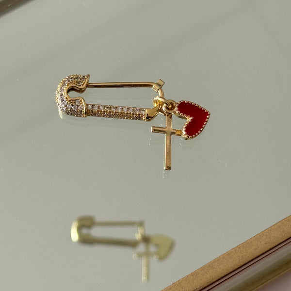 Prendedor Cruz y Corazón Rojo Baño de oro