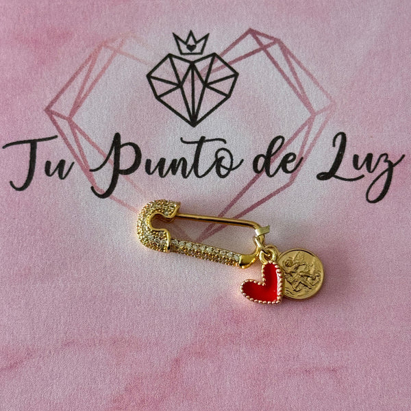 Prendedor San Miguel y Corazón Rojo Baño de oro