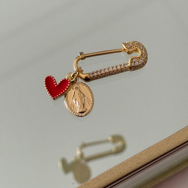 Prendedor Virgen de los Milagros y Corazón Rojo Baño de oro