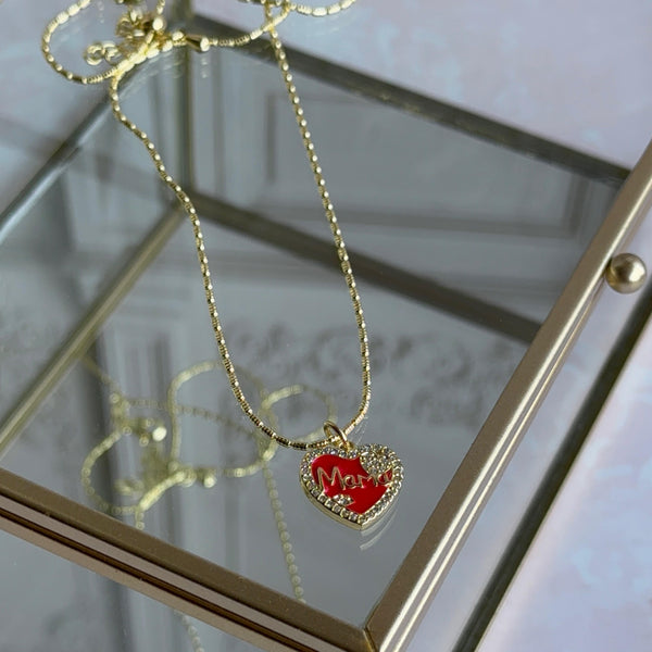 Collar Mamá Corazón Esmaltado Rojo