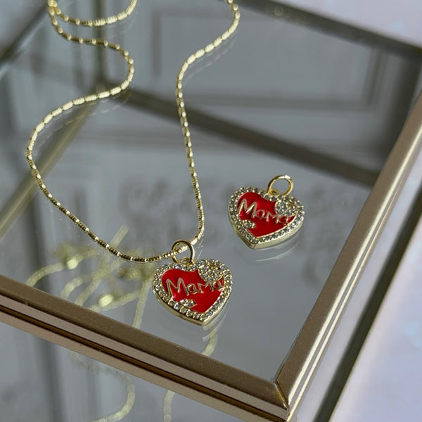 Collar Mamá Corazón Esmaltado Rojo