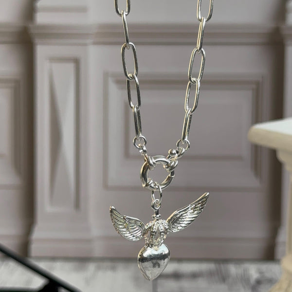 Collar Corazón Detente Alado Baño de Plata