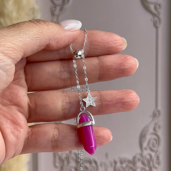 Collar Cuarzo Fucsia con Estrella Ajustable Plata 925