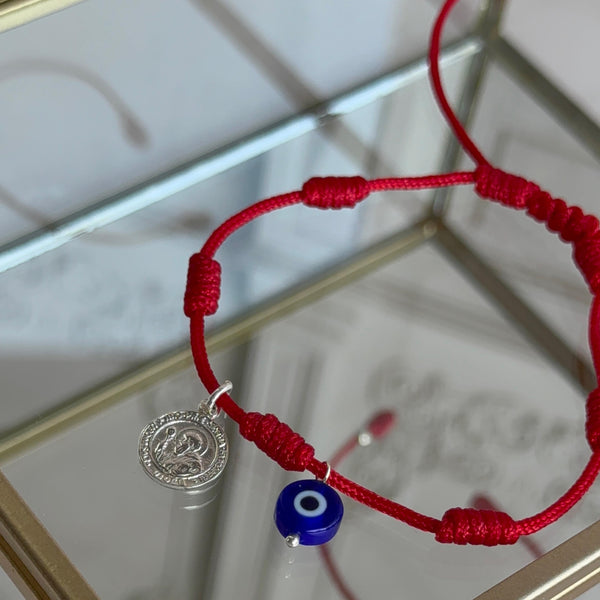 Pulsera Roja 7 Nudos con Ojo Turco y San Benito