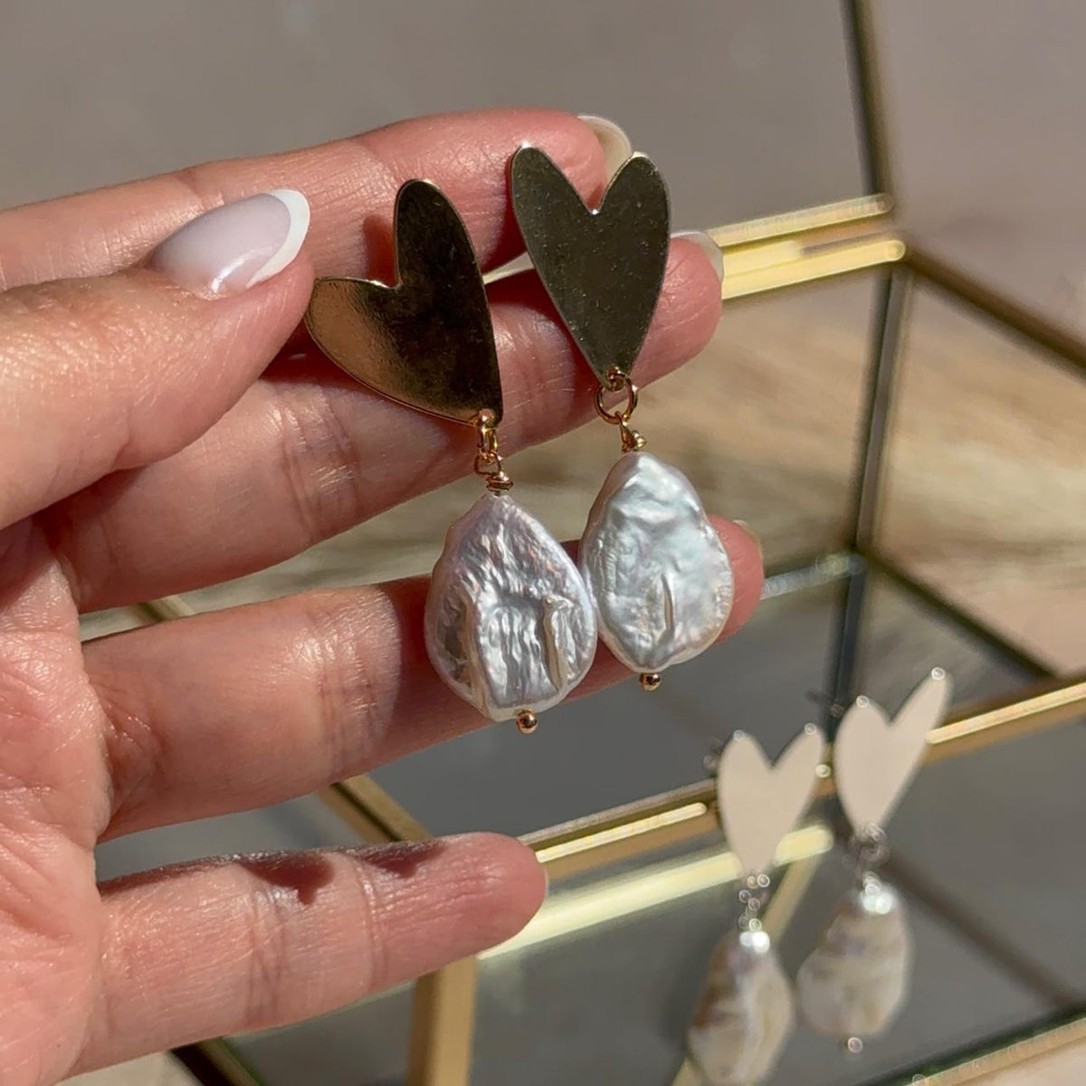 Aros Corazón con Perla de Río