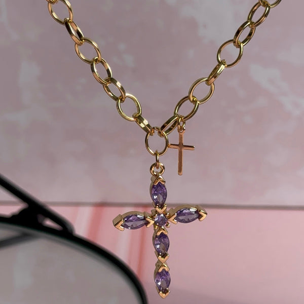 Collar Cruz Cristales Lila