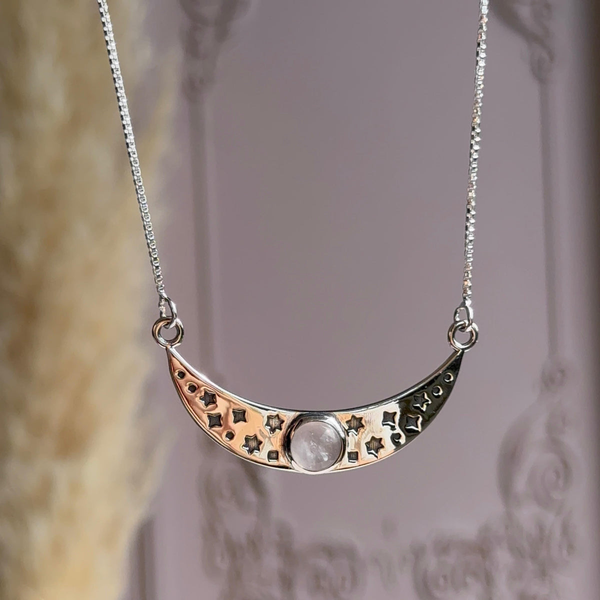 Collar media Luna y estrellas con cuarzo rosa Plata 925